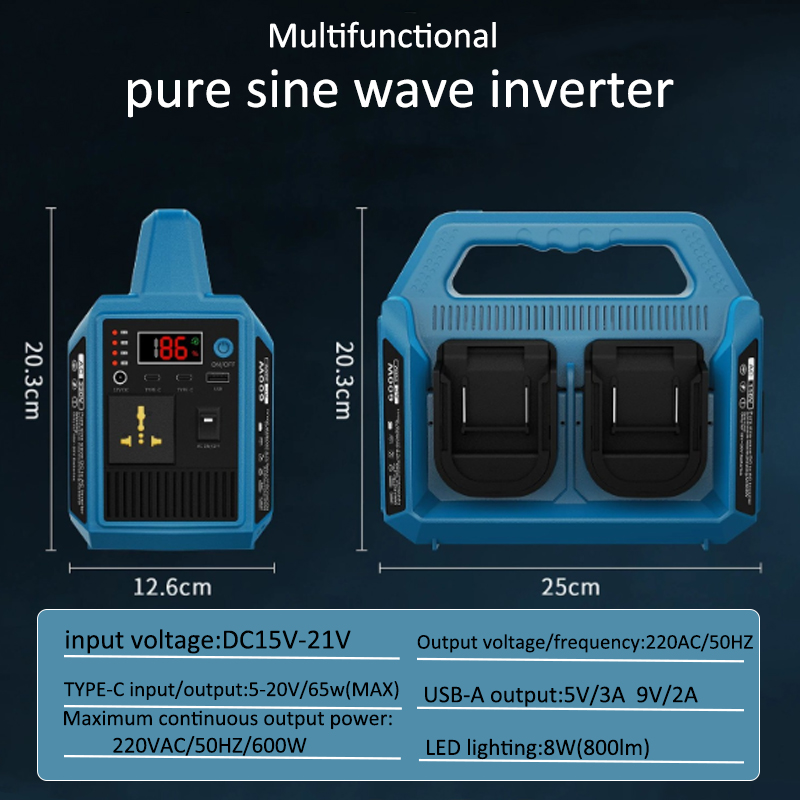 Outdoor Power Inverter - 600W Lithium Battery Inverter USB Power