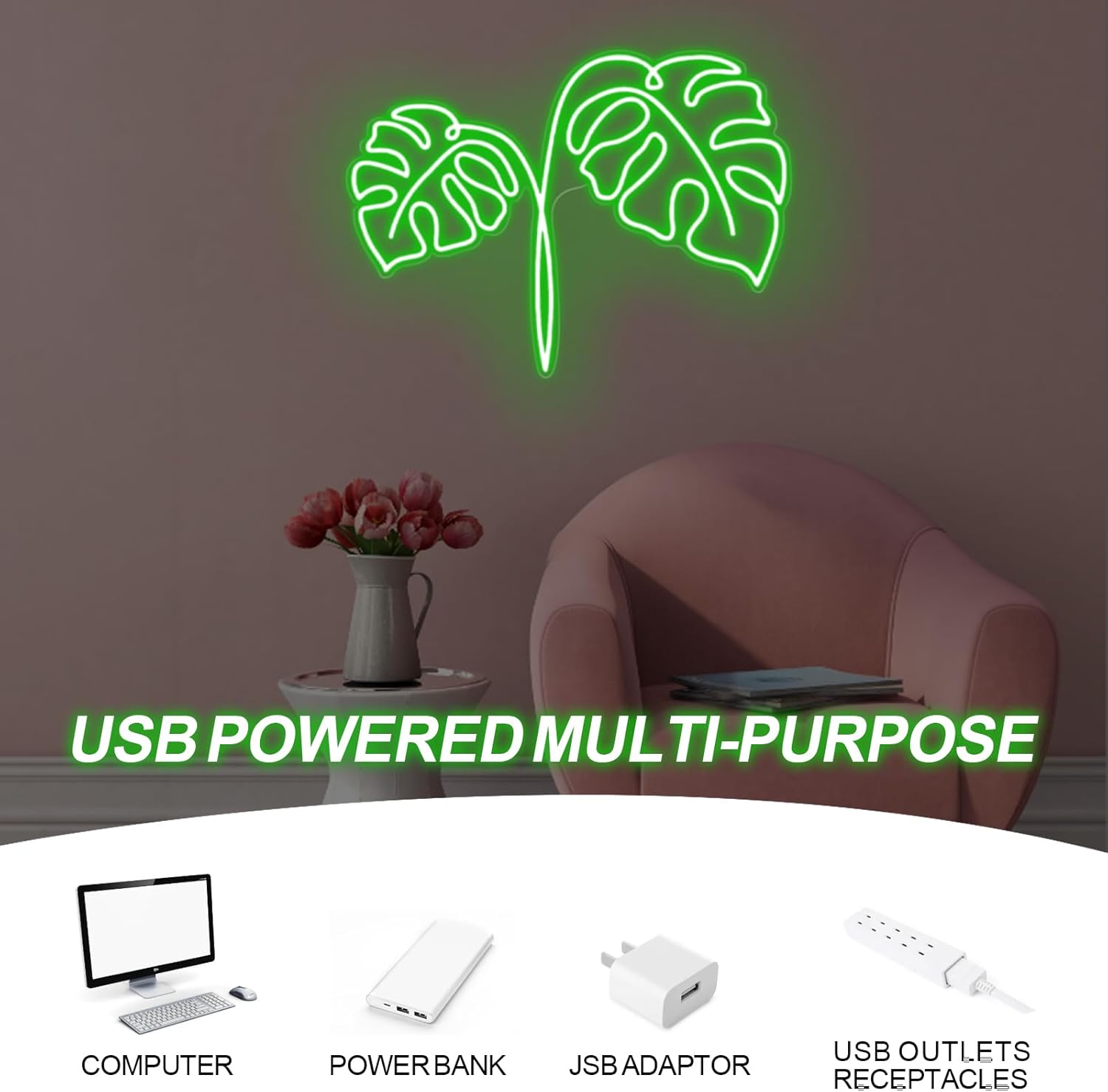 Monstera Leaf Neon Sign USB Po - Outdoor Power And Plant review and price
